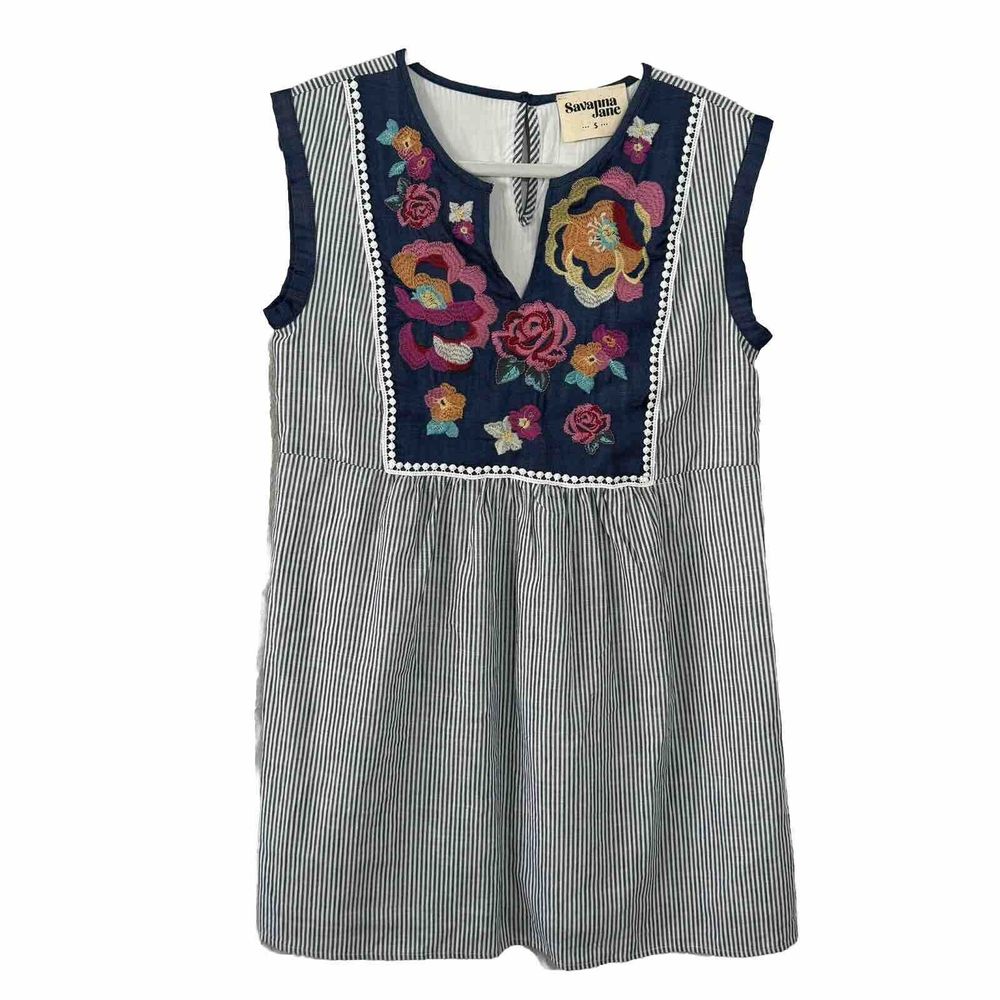 Savanna Jane Dress Size Small Blue‎ White Striped Floral Embroidered Shift Boho